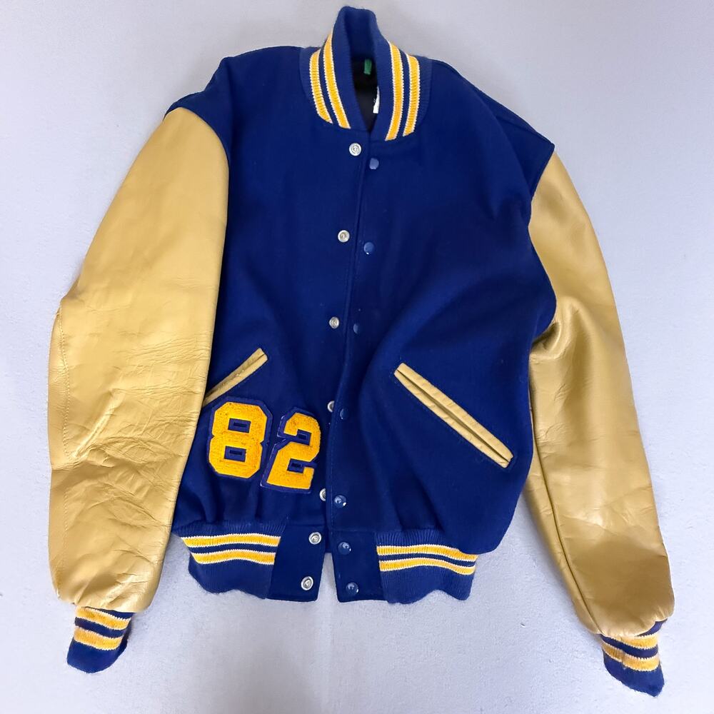 Delong Sportswear Varsity Letterman Jacket Blue Tan Sleeves Chenille 82